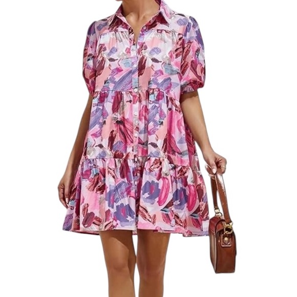 Pink multi colored Floral  Ruffle Hem Smock Dress,baby doll dress,Large,New - Picture 6 of 12